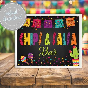 May include: A printable sign for a chip and salsa bar. The sign is black with white text and colorful decorations. The text says "Chip & Salsa Bar".
