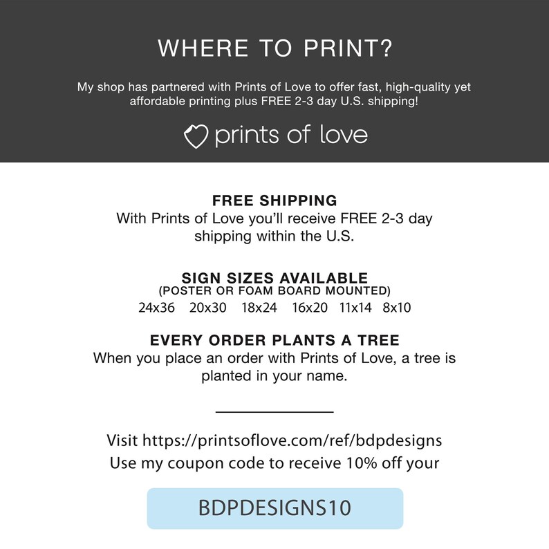 Puede incluir: Un anuncio de dise&ntilde;o gr&aacute;fico para Prints of Love, una empresa que ofrece servicios de impresi&oacute;n. El anuncio presenta un coraz&oacute;n con el texto "prints of love" e informaci&oacute;n sobre el env&iacute;o gratuito y los tama&ntilde;os de impresi&oacute;n disponibles. El anuncio tambi&eacute;n incluye un c&oacute;digo de cup&oacute;n, "BDPDESIGNS10", para un descuento del 10%.