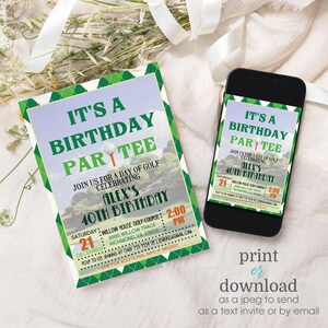Op de afbeelding: Een groene en witte golf-thema verjaardagsuitnodiging met een golfbal en een tee op een groene achtergrond. De tekst luidt "It's a Birthday Partee" en "Join us for a day of golf celebrating Alex's 40th Birthday". De uitnodiging bevat de datum, tijd, locatie en RSVP-informatie.