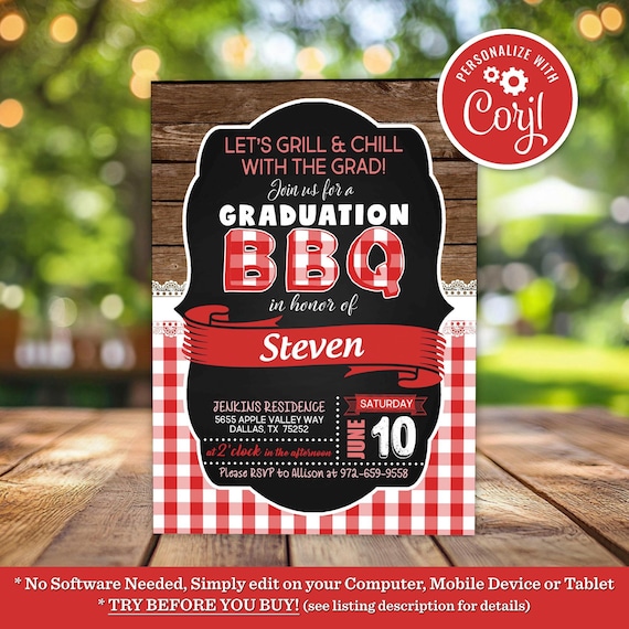 BBQ Graduation Party Invitation: Grill & Chill, Editable Template (Digital Download)