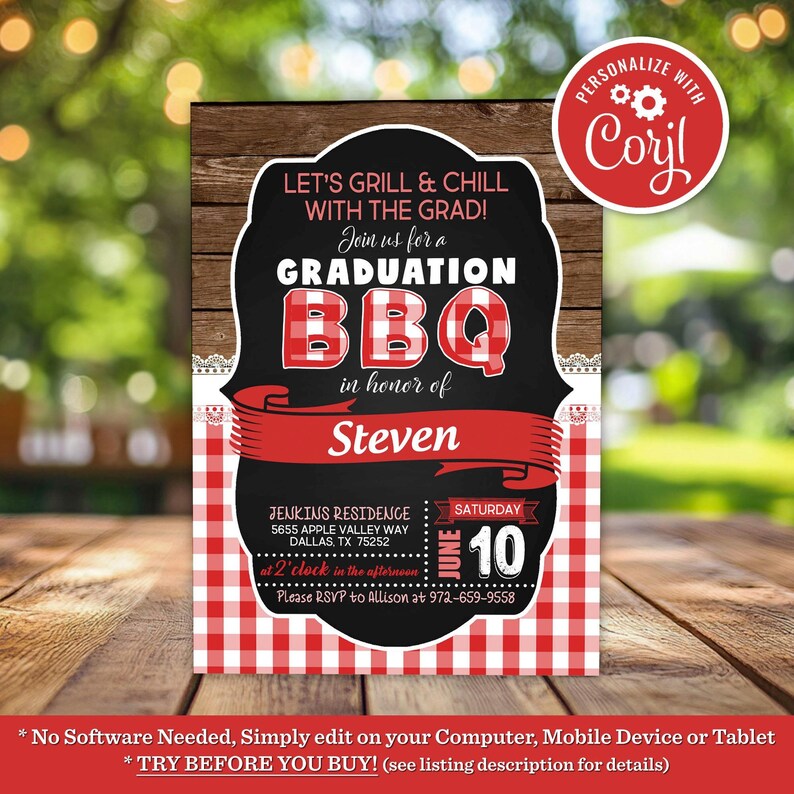 Backyard BBQ Graduation Party Invitation Grill and Chill Senior High School Grad Party Invite Editable Printable Instant Download Template
