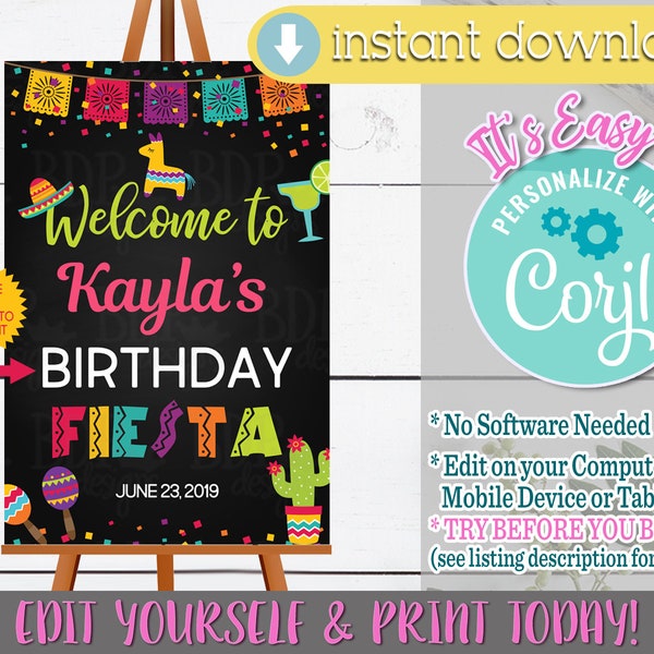 Fiesta Welcome Sign Cinco de Mayo Mexican Birthday Party Baby Bridal Shower Graduation Party Decoration Printable Instant Download Sign