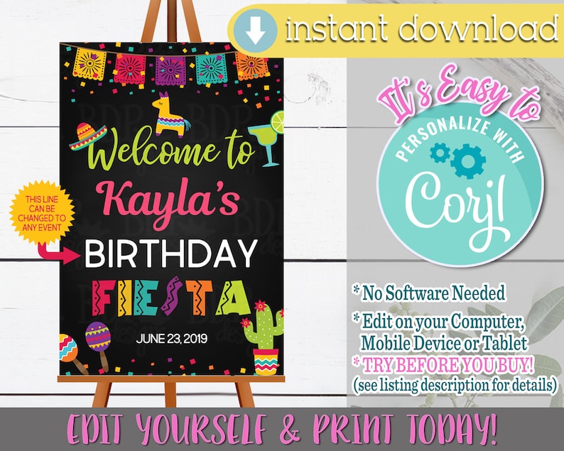 Puede incluir: Un cartel imprimible para una fiesta de cumplea&ntilde;os con fondo de pizarra y decoraciones coloridas. El cartel dice "Bienvenido a la fiesta de cumplea&ntilde;os de Kayla" e incluye la fecha 23 de junio de 2019. El cartel est&aacute; en un caballete.