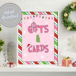 Gifts and Cards Christmas Pink Girl Holiday Theme Winter Ornament Birthday Party Decor Baby Bridal Shower Sign Download Printable GP6