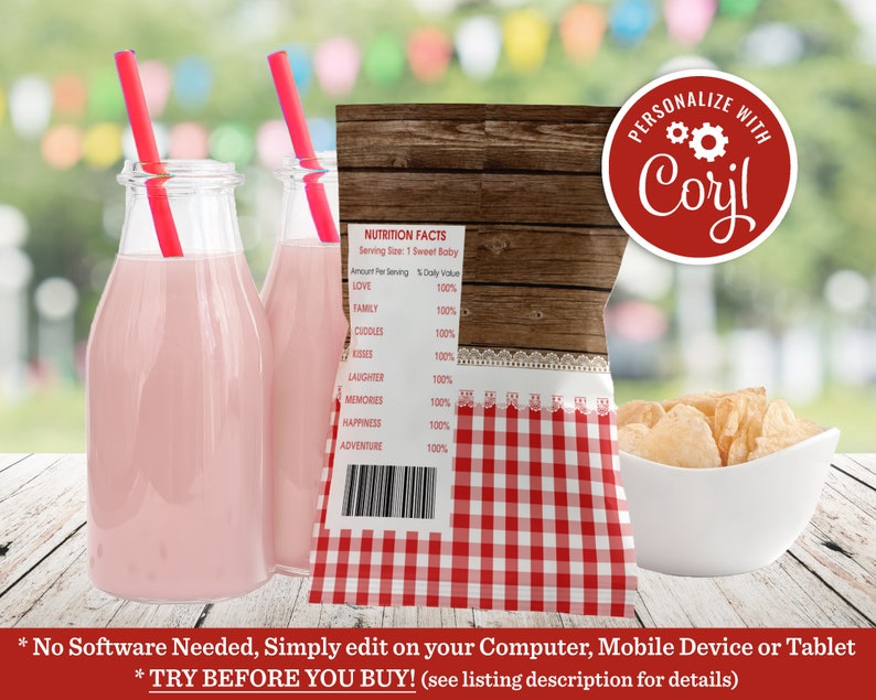 May include: A red and white checkered bag with a nutrition facts label that says "Sweet Baby" and lists things like love, family, cuddles, laughter, memories, happiness, and adventure. The bag is personalized with the name "Coril".