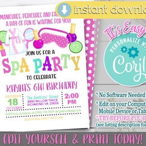 Editable Spa Birthday Invitation Glam Sleepover Party Invite Girls Spa Blush Purple Gold Makeup Party Tween Girl Manicure Printable Download