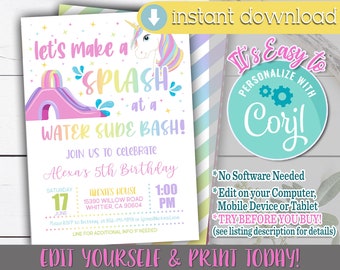 Unicorn Waterslide Birthday Invitation, Water Slide Birthday Invitation, Water Slide Birthday, Unicorn Waterslide, Unicorn Water Slide, Girl