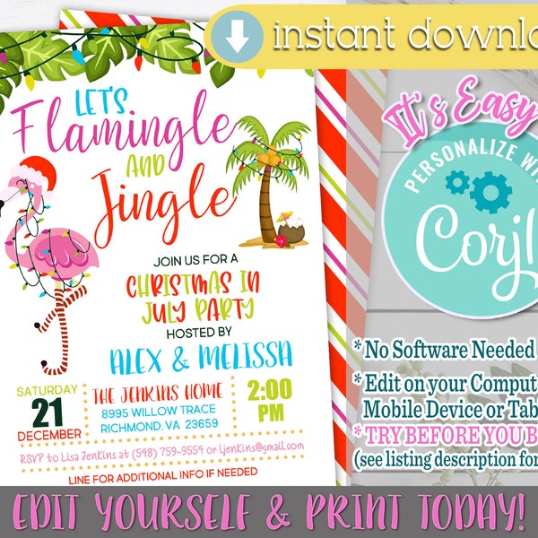 Flamingle and Jingle Invitation, Flamingle and Jingle, Jingle and Flamingle Invitation, Jingle and Flamingle, Christmas in July Party, July