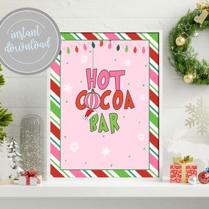 Hot Cocoa Bar Sign Pink Christmas Holiday Theme Winter Ornament Birthday Party Decor Baby Bridal Shower Food Sign Download Printable