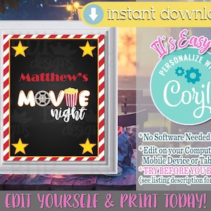 Editable Movie Night Sign: Party Decor Printable (8x10)