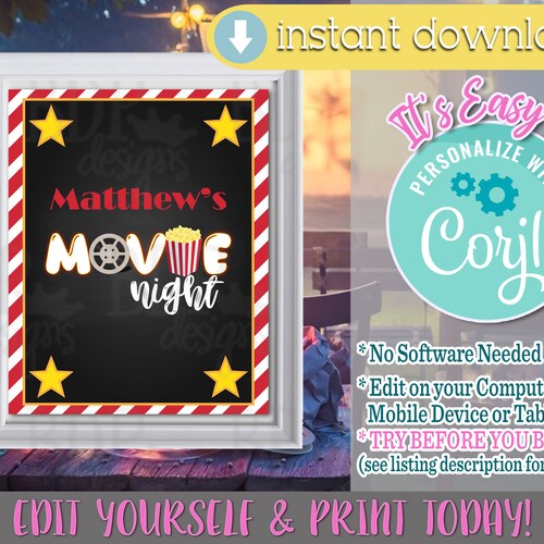 Movie Night Party Signs Movie Night Printable Party - Etsy
