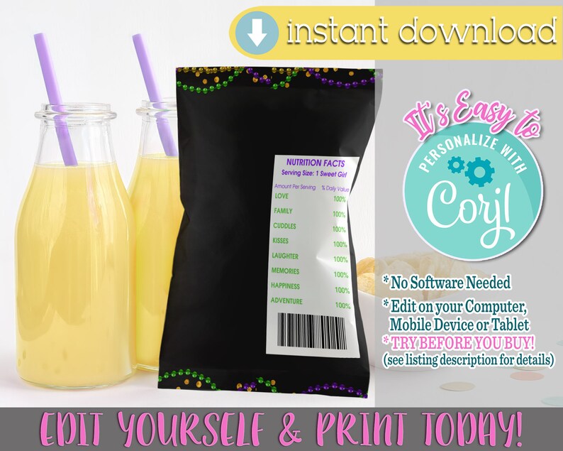 Op de afbeelding: Downloadbare digitale print voor een feesttas met een zwarte achtergrond en groene en paarse Mardi Gras-parels. De tas heeft een voedingswaarde-etiket met de tekst "Sweet Gid" en een lijst met items zoals "Liefde", "Familie", "Knuffelen", "Kusjes", "Lachen", "Herinneringen", "Geluk" en "Avontuur", allemaal met een waarde van 100%. De tekst "Het is gemakkelijk om te personaliseren met Coril" staat in een cirkel met tandwielen en een turquoise achtergrond. De tekst "Geen software nodig" en "Bewerk op uw computer, mobiel apparaat of tablet" staat in zwarte tekst. De tekst "PROBEER VOOR JE KOOpt! (zie de beschrijving van de vermelding voor details)" staat in zwarte tekst. De tekst "BEWERK JEZELF EN PRINT VANDAAG!" staat in roze tekst.