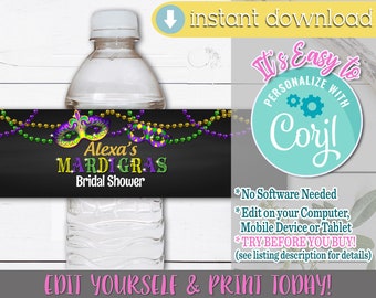 Mardi Gras Bridal Shower Water Bottle Label, Mardi Gras Water Bottle, Mardi Gras Birthday, Mardi Gras Birthday Party, Mardi Gras Party Decor