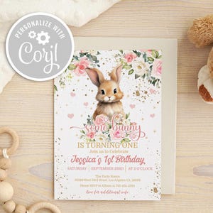 Bunny Birthday Invitation: Pink Floral Rabbit, Blush Gold (Editable, Digital Download)