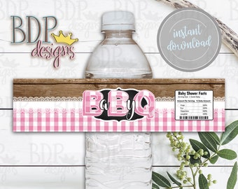 Baby Q Water Bottle Label, Pink Gingham BBQ Baby Shower Theme (Instant Download)