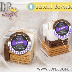Adding S&#39;more Love To Our Family, Purple, Adding Smore Love To Our Family Tags,  Adding Smore Love Stickers, Baby Q, Barbeque Baby, Smores