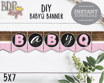 Baby Q Banner, Pink Gingham Girl BBQ Baby Shower Decor (Instant Download)