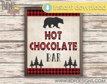 Lumberjack Hot Chocolate Bar Sign: Buffalo Plaid Bear Decor (PDF & JPEG)