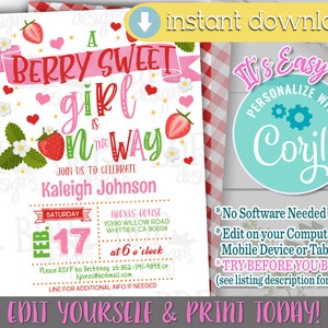 Strawberry Baby Shower Invitation, Strawberry Baby Shower Invite, Strawberry Invitation Template, Strawberry Baby Shower, Berry Sweet, Girl