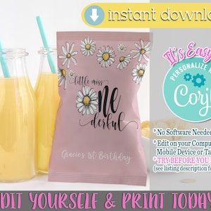 Daisy 1st Birthday Chip Bag Template: Little Miss ONEderful (Editable in Corjl)