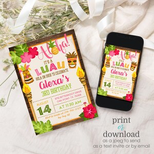 May include: A luau-themed birthday invitation for Alexa's 3rd birthday. The invitation features a tropical design with palm leaves, flowers, and tiki masks. The text on the invitation reads "It's a Luau! Hula on over to celebrate Alexa's 3rd Birthday". The invitation also includes the date, time, and location of the party.