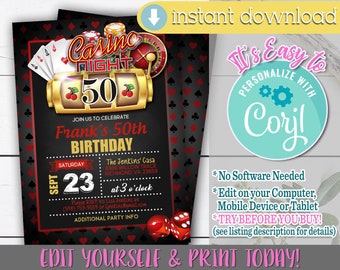 Casino Birthday Invitation, 50th Birthday Invitation, Casino Party Invitation, Casino Printable, 50th Birthday, Casino Party Theme, Casino