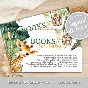 Carte Livres Safari pour bébé Baby shower sauvage Demande d'un livre Apportez un livre Insertion de carte imprimable Baby Shower pour garçon Téléchargement instantané
