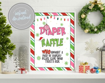 Christmas Diaper Raffle Game Sign, Printable Christmas Holiday Pink Girl Baby Shower Instant Digital Download Decor Sign GP6