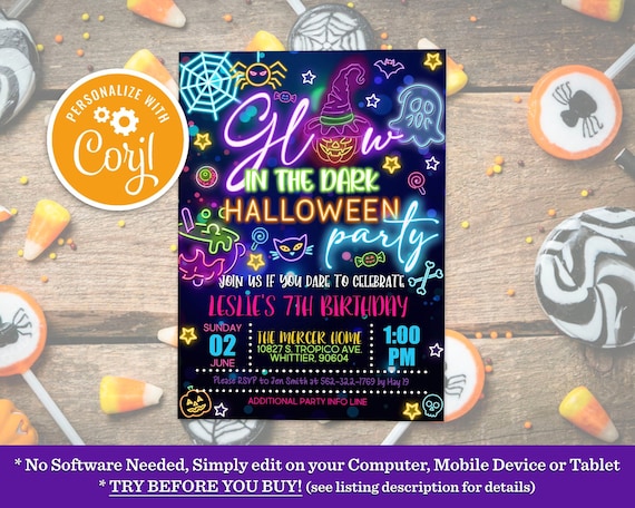Editable Glow In The Dark Halloween Spooky Party Invitation, Neon Halloween Party Invitation Glow Halloween Spooktacular Party Download