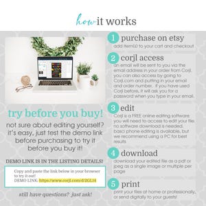 May include: A how-to guide for using Corjl, a free online editing software, to create and print printable files. The guide includes steps for purchasing on Etsy, accessing Corjl, editing the file, downloading the file, and printing the file. The guide also includes a demo link to try before you buy.