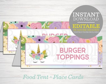 Unicorn Tent Card, Unicorn Name Plate, Unicorn Party, Unicorn Download, Unicorn Printable, Unicorn Food Label, Editable Unicorn, Food Tent