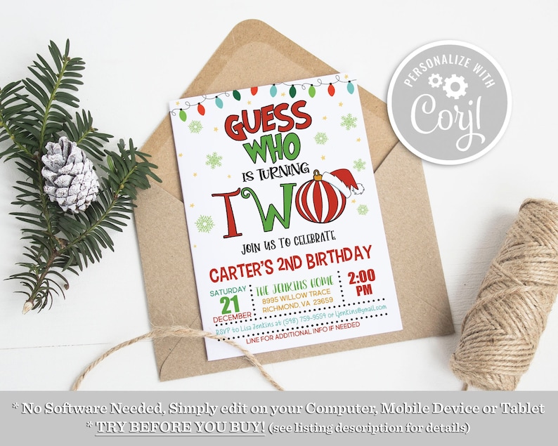 Puede incluir: Una invitaci&oacute;n de cumplea&ntilde;os con tem&aacute;tica navide&ntilde;a para un ni&ntilde;o que cumple dos a&ntilde;os. La invitaci&oacute;n presenta un adorno rojo y blanco con un gorro de Pap&aacute; Noel, luces verdes y rojas, y el texto "Adivina qui&eacute;n cumple dos a&ntilde;os". La invitaci&oacute;n est&aacute; personalizada con el nombre "Cori".