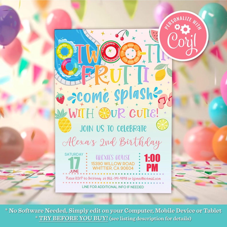 Two-tti Frutti 2nd Birthday Pool Invitation Tropical Summer Fruit 2nd Splash Birthday Invite Editable Printable Instant Dowload Template