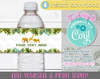 Gold Safari Animal Water Bottle Label: Editable Baby Shower (Digital Download)
