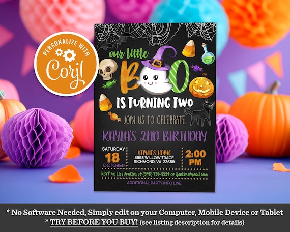 Editable Our Little Boo is Turning Two Invitation, Spooktacular Halloween Birthday Printable Instant Download Invite Template