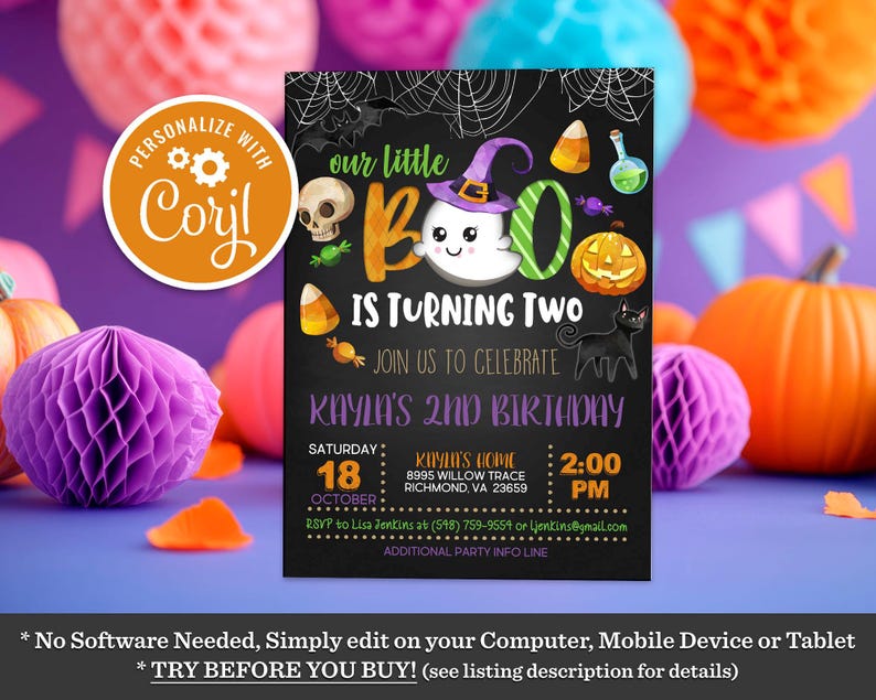 Editable Our Little Boo is Turning Two Invitation, Spooktacular Halloween Birthday Printable Instant Download Invite Template image 1
