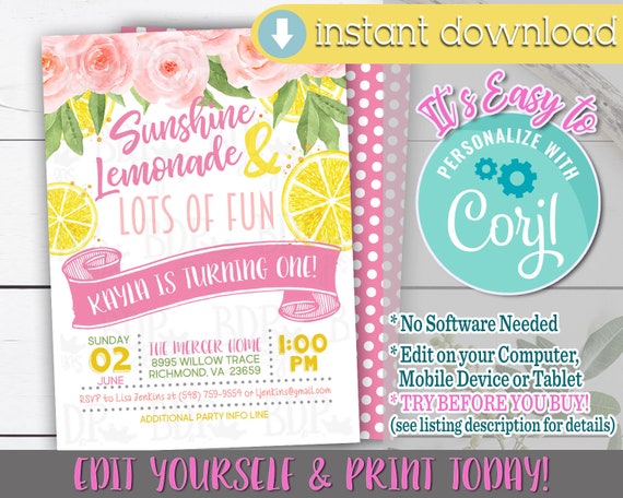 Lemonade Birthday Invitation, Lemonade Party Invitation, Lemonade Birthday Party, Lemonade Invitation, Lemonade Invite, Sunshine Lemonade Il_570xn