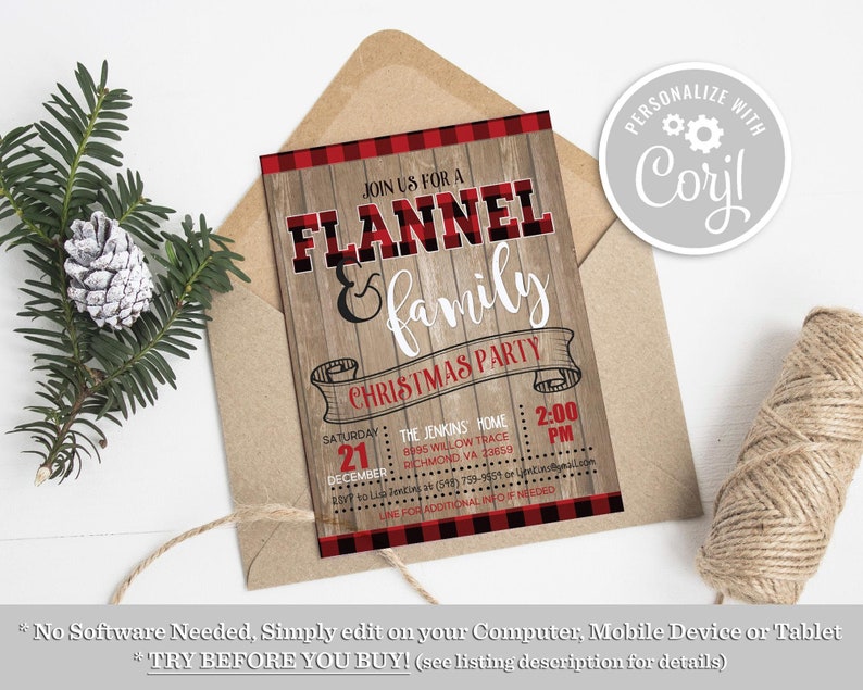 Flannel and Family Christmas Party Invitation Buffalo Plaid Potluck Pajama Holiday Party Editable Printable Instant Download Invite Template