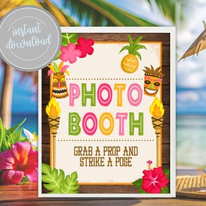 LUAU Photo Booth Sign, Tiki Tropical Hawaiian Beach Pineapple Baby Birthday Bridal Shower Party Theme Decor Printable Instant Download