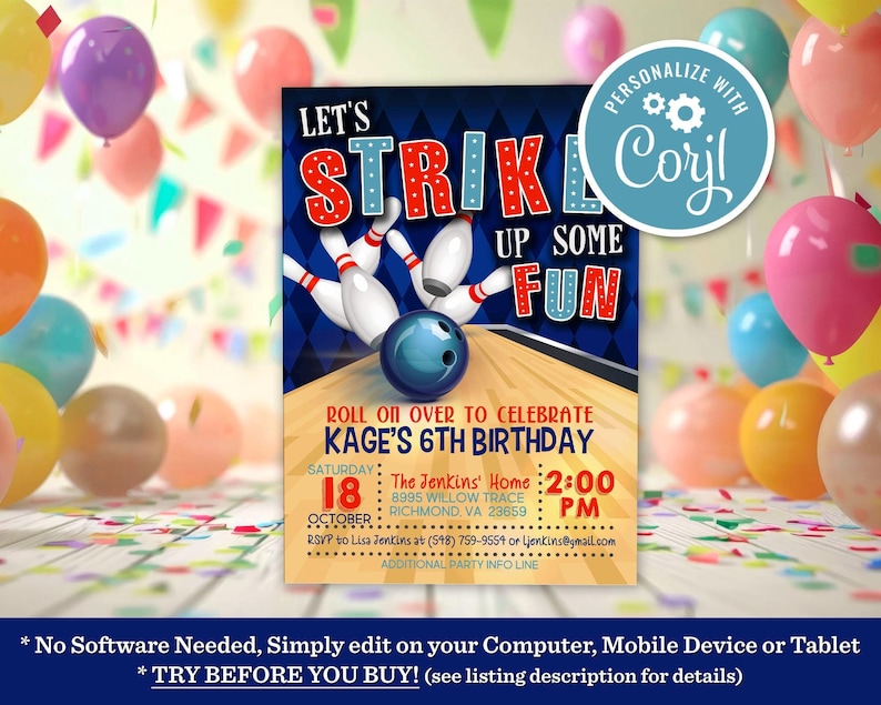 Bowling Birthday Party Invitation Let's Strike Up Some Fun Editable Printable Instant Download Digital Template Invite