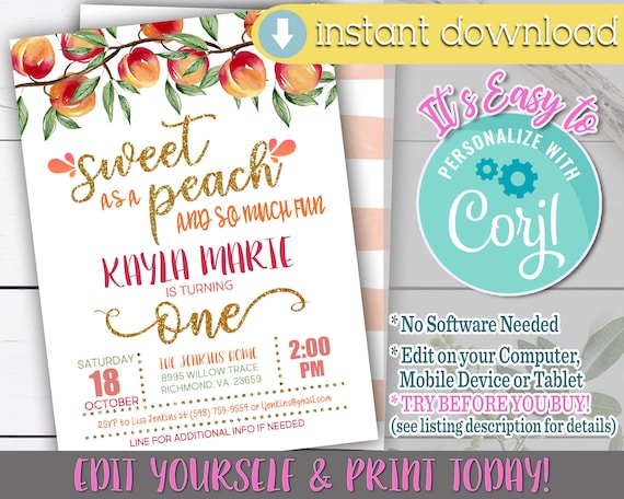 Sweet as a Peach 1st Birthday Invitation, Sweet as a Peach 1st Birthday, Sweet as a Peach First Birthday, Peach Birthday Invitation, Peach,W Il_570xn