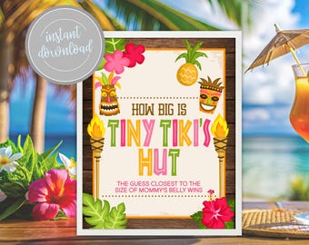 Luau Guess How Big Mommy's Belly Is Sign: Tiki Hawaiian Baby Shower Activity (Digital Download)