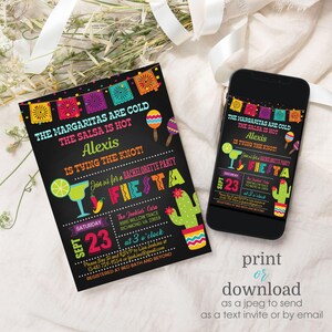May include: A black invitation with colorful fiesta-themed graphics and text. The invitation includes the text "The Margaritas are Cold, The Salsa is Hot, Alexis is Tying the Knot!" and details for a bachelorette party.