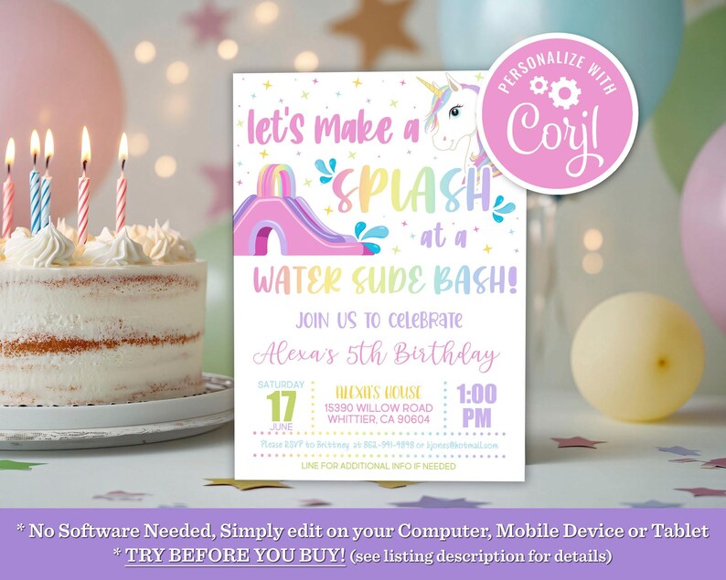 May include: A printable invitation for a water slide party with a unicorn and a pink slide. The invitation says "Let's make a splash at a water slide bash!" and includes the text "Join us to celebrate Alexa's 5th Birthday".