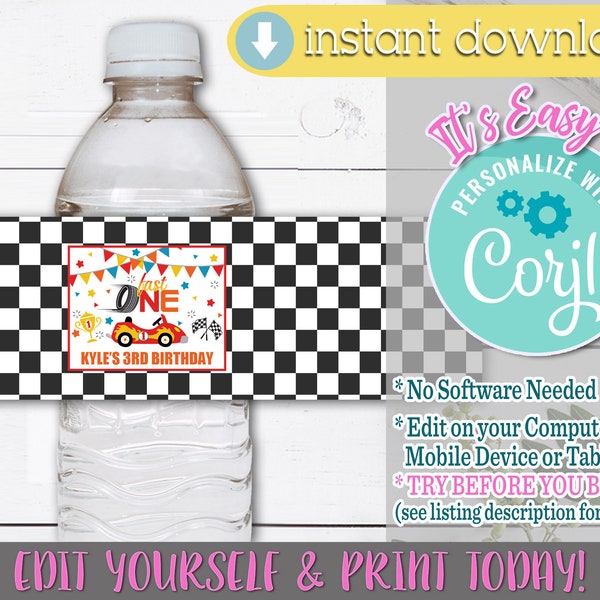 Race Car Water Bottle Labels, Fast One Birthday, Fast One Birthday Decorations, Fast One Birthday Party, Fast One, Racing Birthday, Race Car