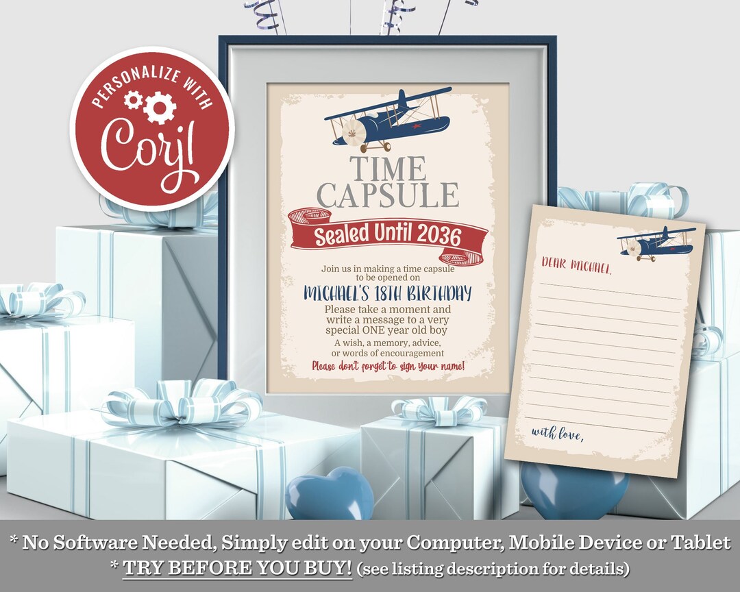Airplane Birthday Time Capsule, Time Capsule Printable, Time Capsule First Birthday, Capsule ...