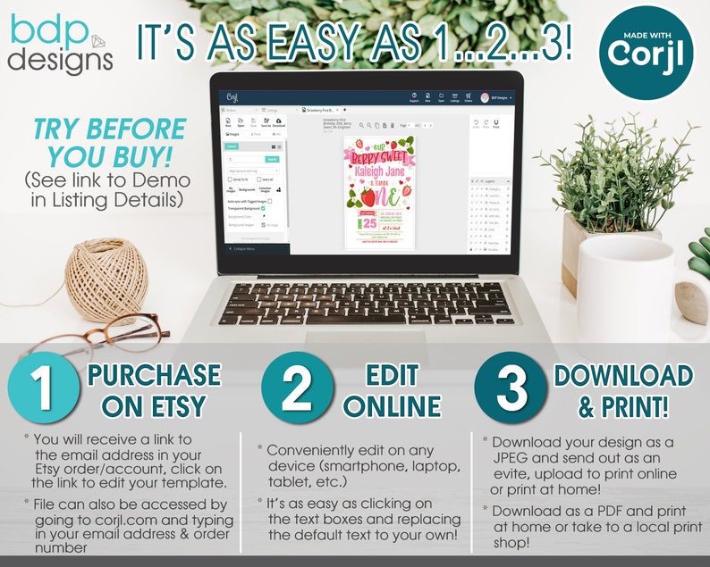 May include: A graphic showing the steps to purchase, edit, and download a printable design. The steps are numbered 1, 2, and 3. The design is a pink and green birthday invitation with the text "Berry Sweet Kaleigh Jane Turns One". The graphic includes the text "Made with Corjl".