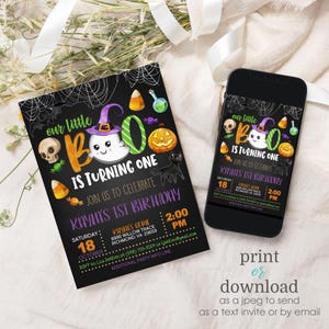 May include: A black Halloween-themed invitation with the text "Our Little Boo is Turning One." The design includes a ghost, pumpkin, skull, and candy corn. A smartphone displays the same invitation. The invitation is for Kayla's 1st birthday.