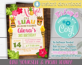 Luau Birthday Invitation, Tropical Party, Luau Birthday Invitation Instant Download, Hawaiian Luau Invitation, Tropical Birthday Invitation