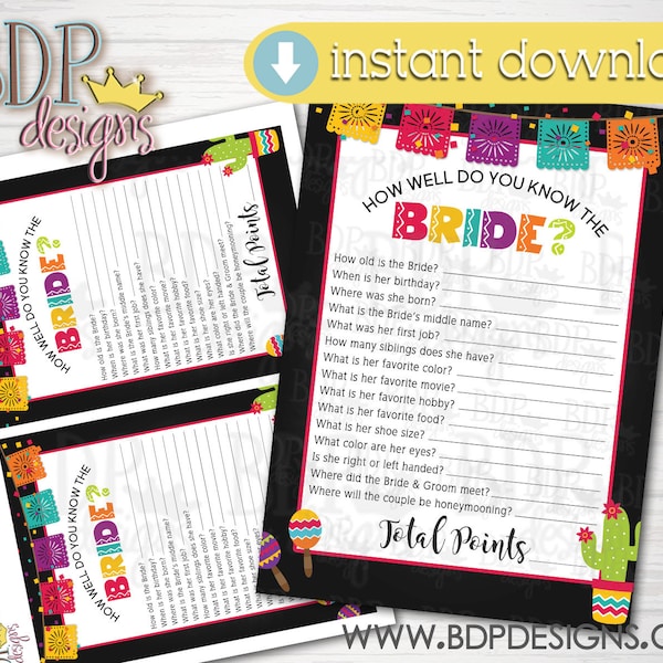 How Well Do You Know the Bride Game, Bridal Shower Games Fiesta, Fiesta Bridal Shower, Bridal Shower Games Printable, Fiesta Theme